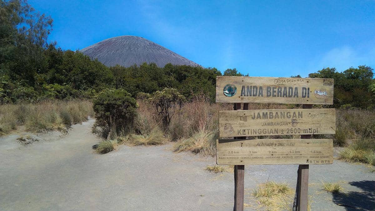 Papan penunjuk arah di pos Jambangan dengan latar belakang puncak gunung dan langit biru cerah di kawasan pegunungan.