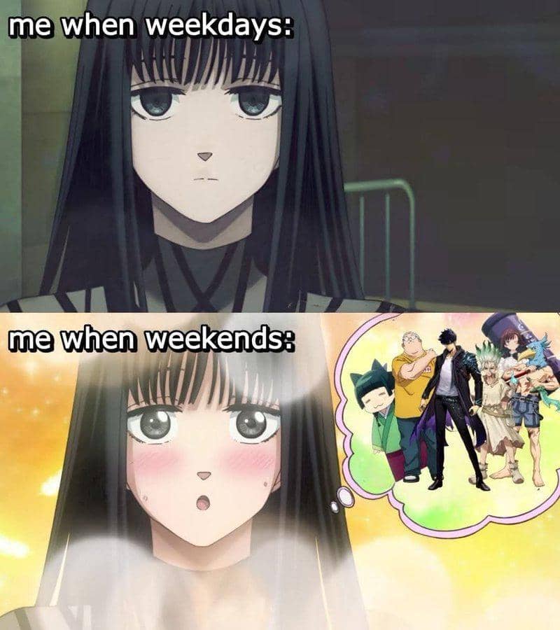 Meme anime memperlihatkan perbedaan ekspresi karakter perempuan saat hari kerja yang datar dan saat akhir pekan yang bahagia membayangkan tokoh anime favorit.
