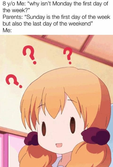 Karakter anime berambut oranye dengan ekspresi bingung dikelilingi tanda tanya merah dalam meme tentang awal dan akhir pekan.