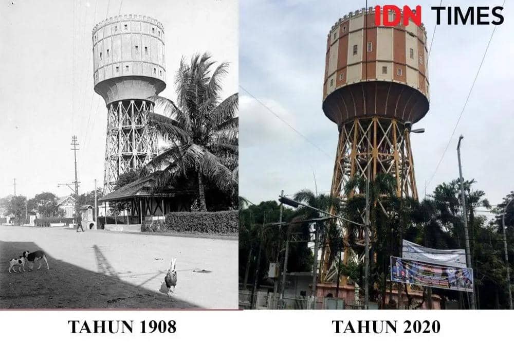 Potret Menara Air PDAM Tirtanadi Medan pada 1920 dan 2020 (Dok. Gedung Arsip Pemko Medan, IDN Times/Indah Permata Sari)