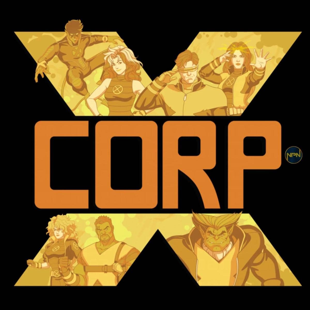 Ilustrasi tim X-Corp dari serial animasi X-Men '97 Season 2 dengan latar huruf besar X berwarna kuning dan oranye.