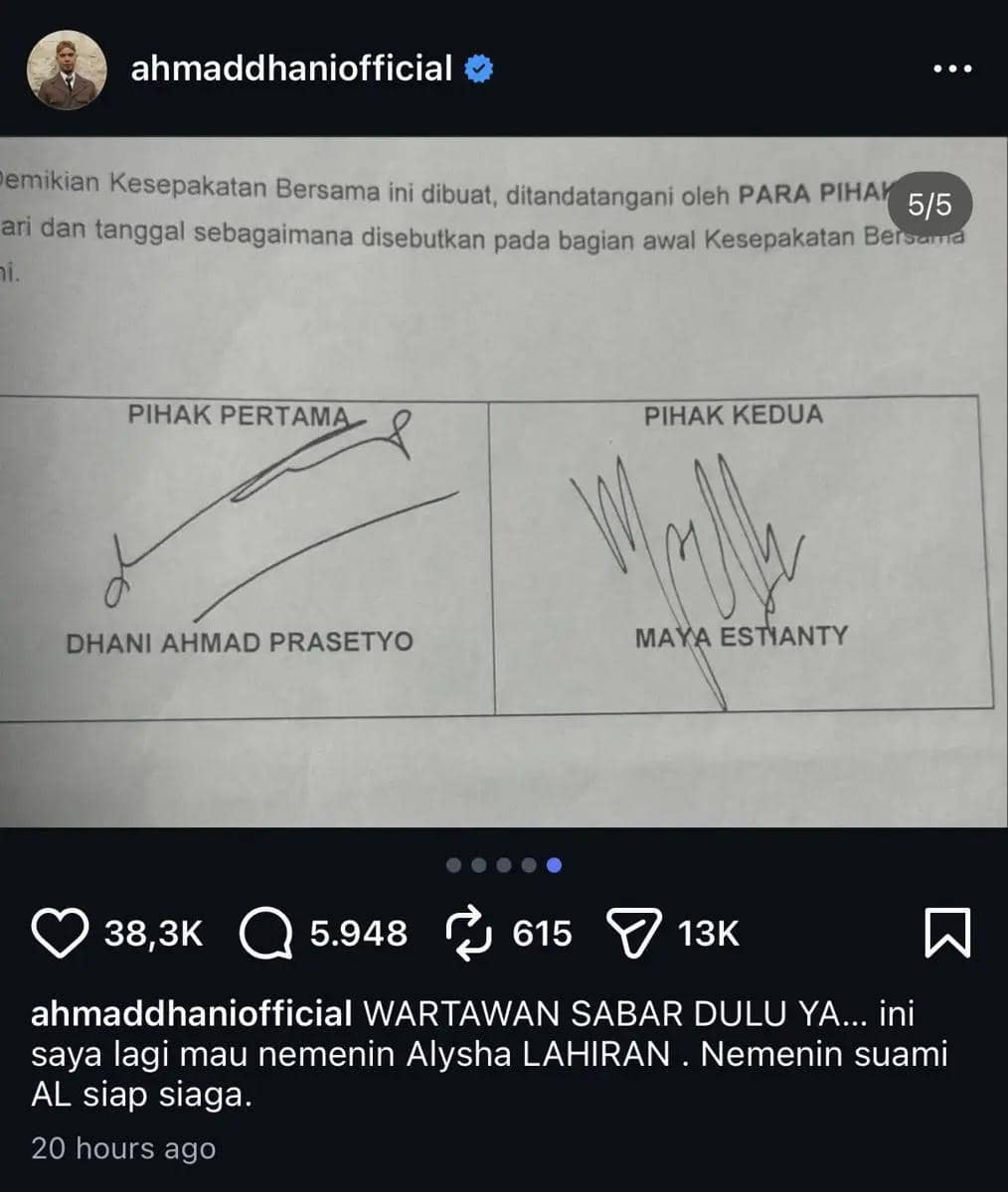 Tangkapan layar unggahan Instagram menampilkan dokumen kesepakatan dengan tanda tangan dua pihak bernama Dhani Ahmad Prasetyo dan Maya Estanty.