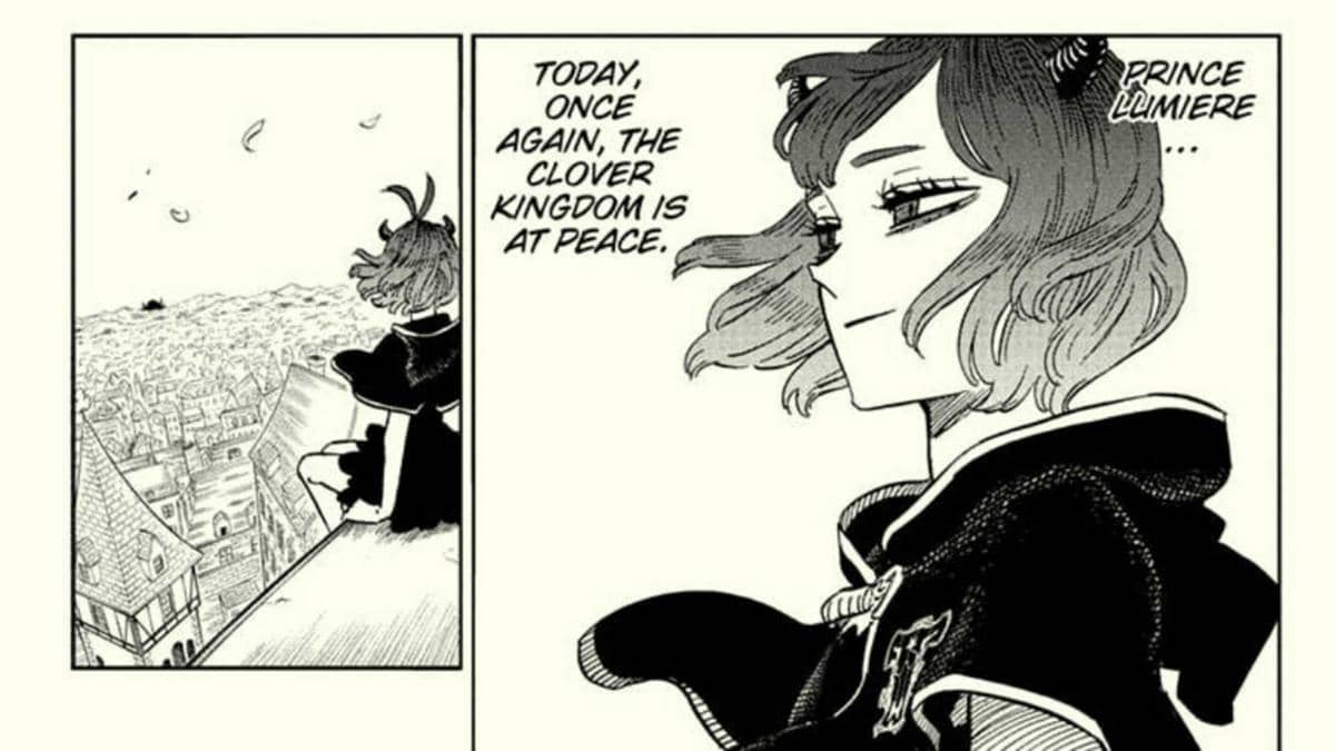 Cuplikan manga Black Clover menampilkan karakter berambut pendek mengenakan jubah sihir memandang kota dari ketinggian.