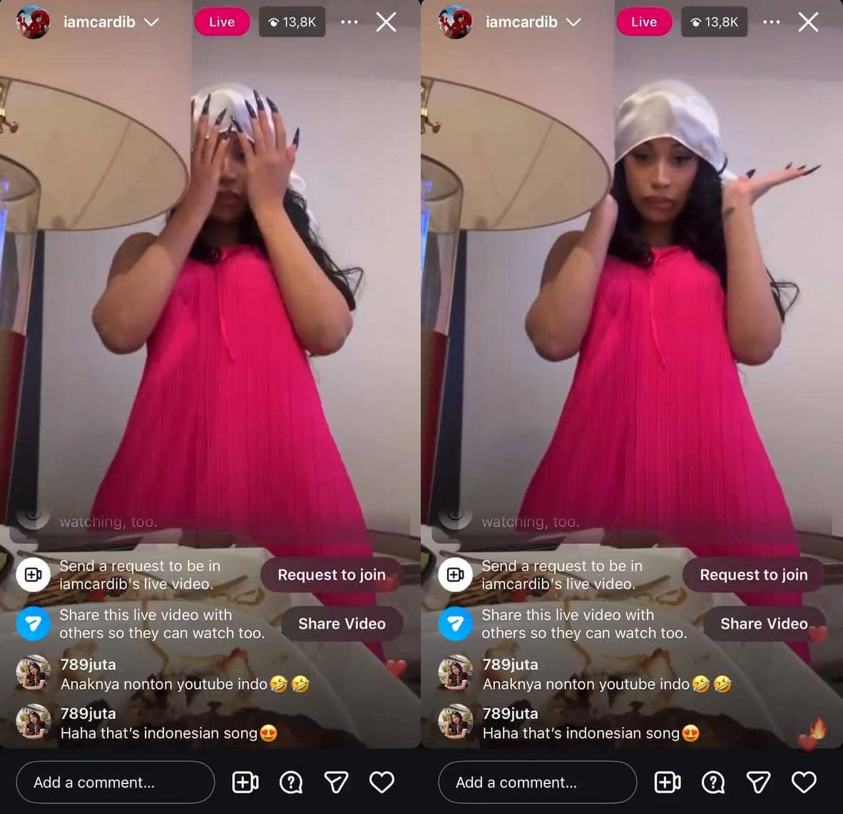 Cardi B mengenakan gaun merah muda dan penutup kepala putih sedang melakukan siaran langsung di Instagram dengan ribuan penonton.