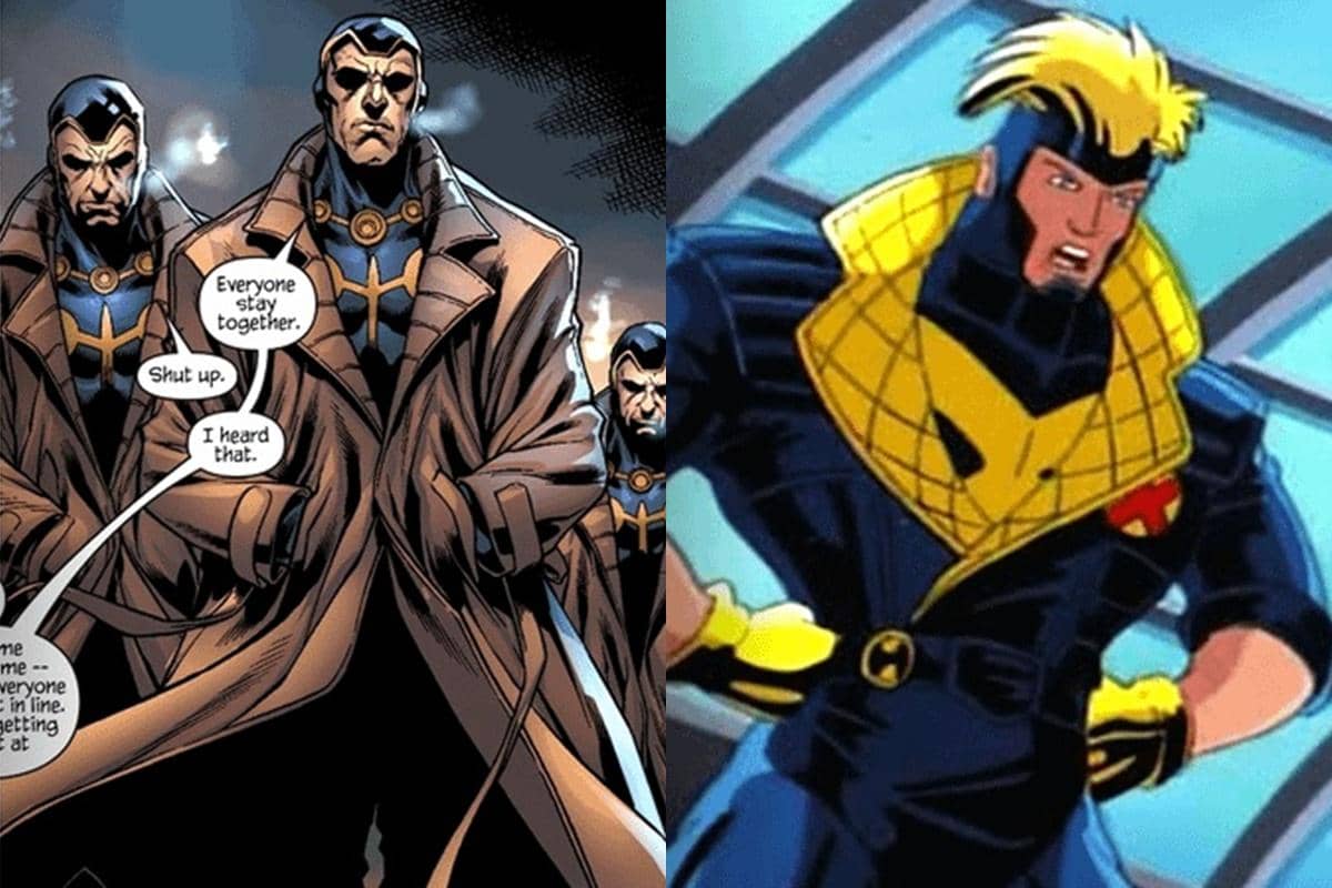 Ilustrasi karakter Multiple Man dari komik Marvel berdiri bersama duplikat dirinya dan karakter Havoc dari serial animasi X-Men.