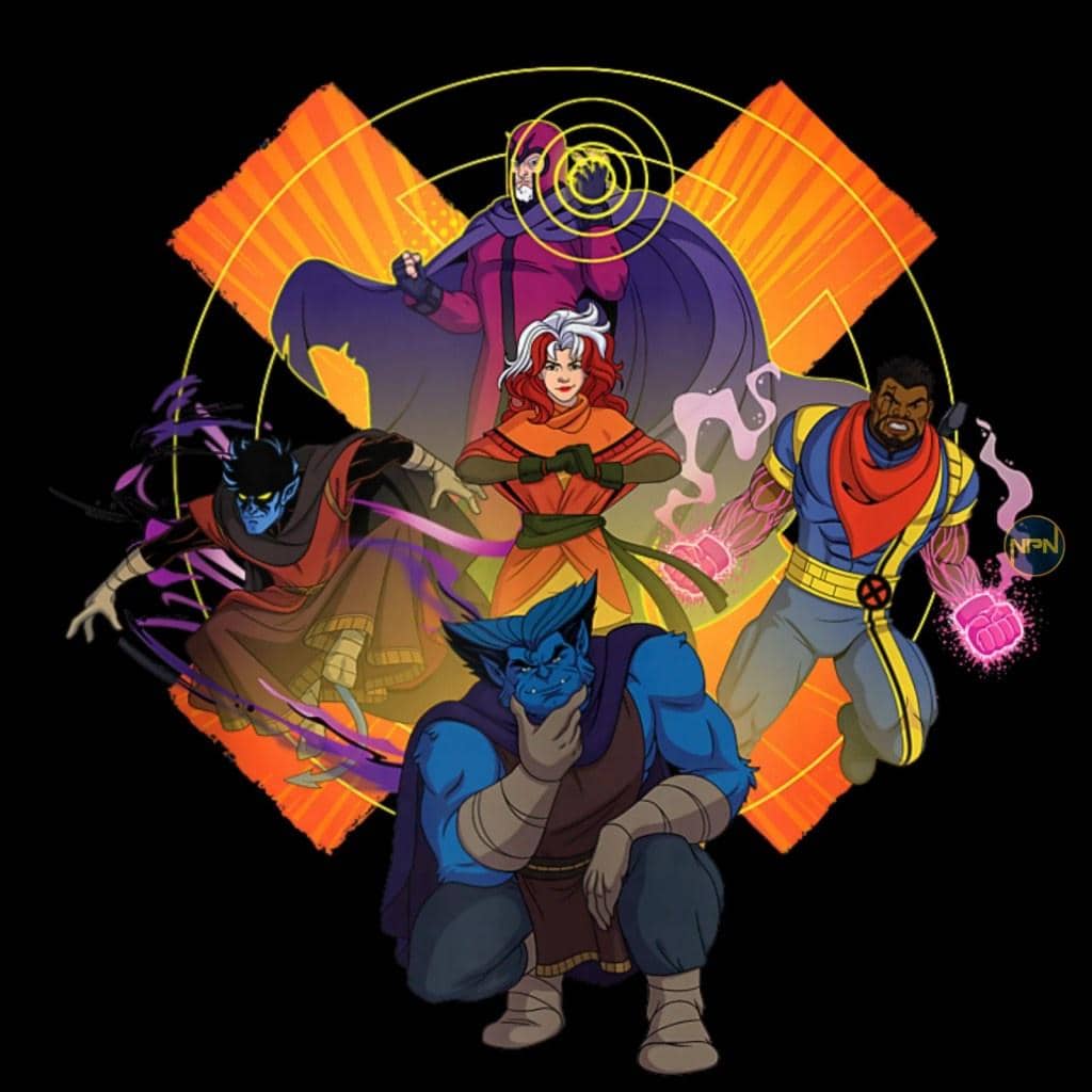Lima karakter animasi bergaya pahlawan super dengan kostum berwarna cerah berpose bersama di latar belakang oranye bercahaya.