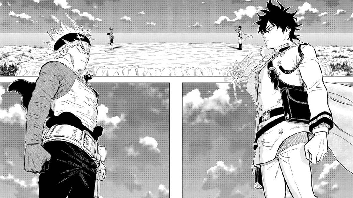 Dua karakter dari manga Black Clover saling berhadapan di medan luas dengan langit berawan di latar belakang.