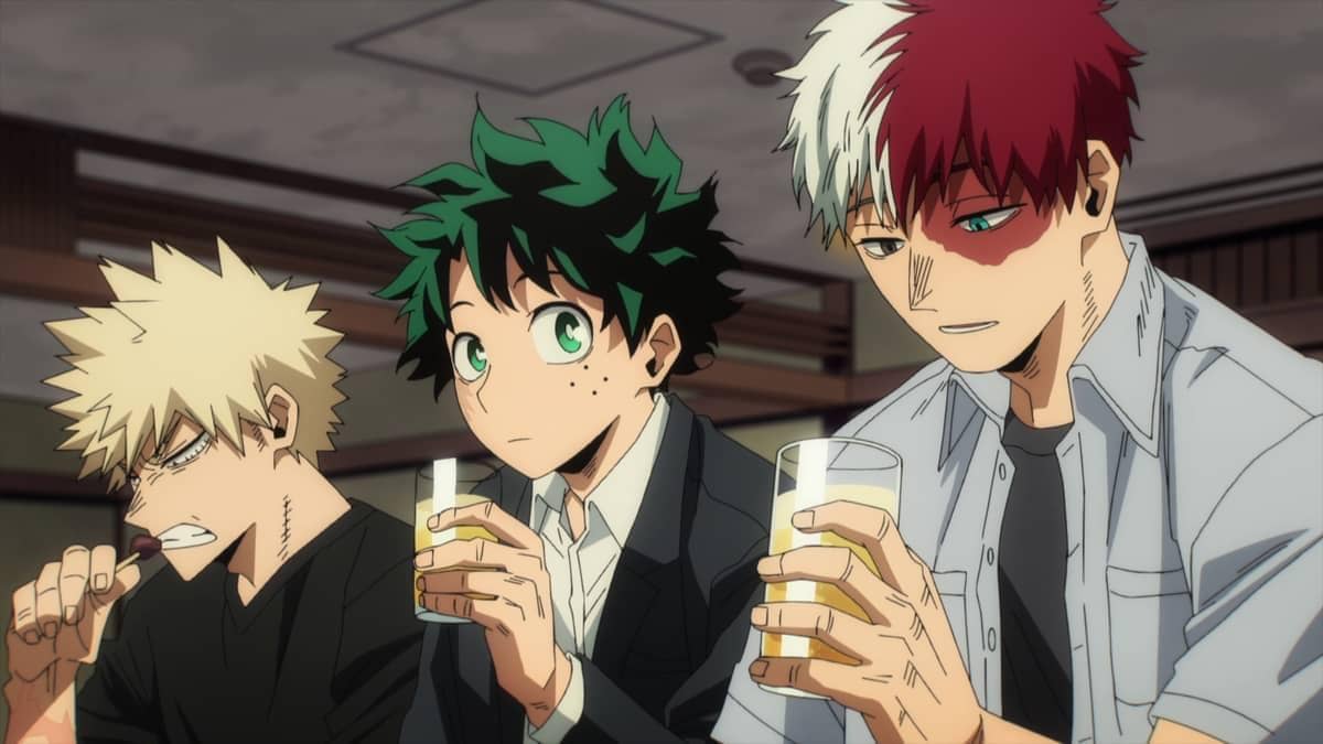 Tiga karakter anime My Hero Academia duduk bersama di meja sambil memegang gelas minuman dengan ekspresi serius dan santai.