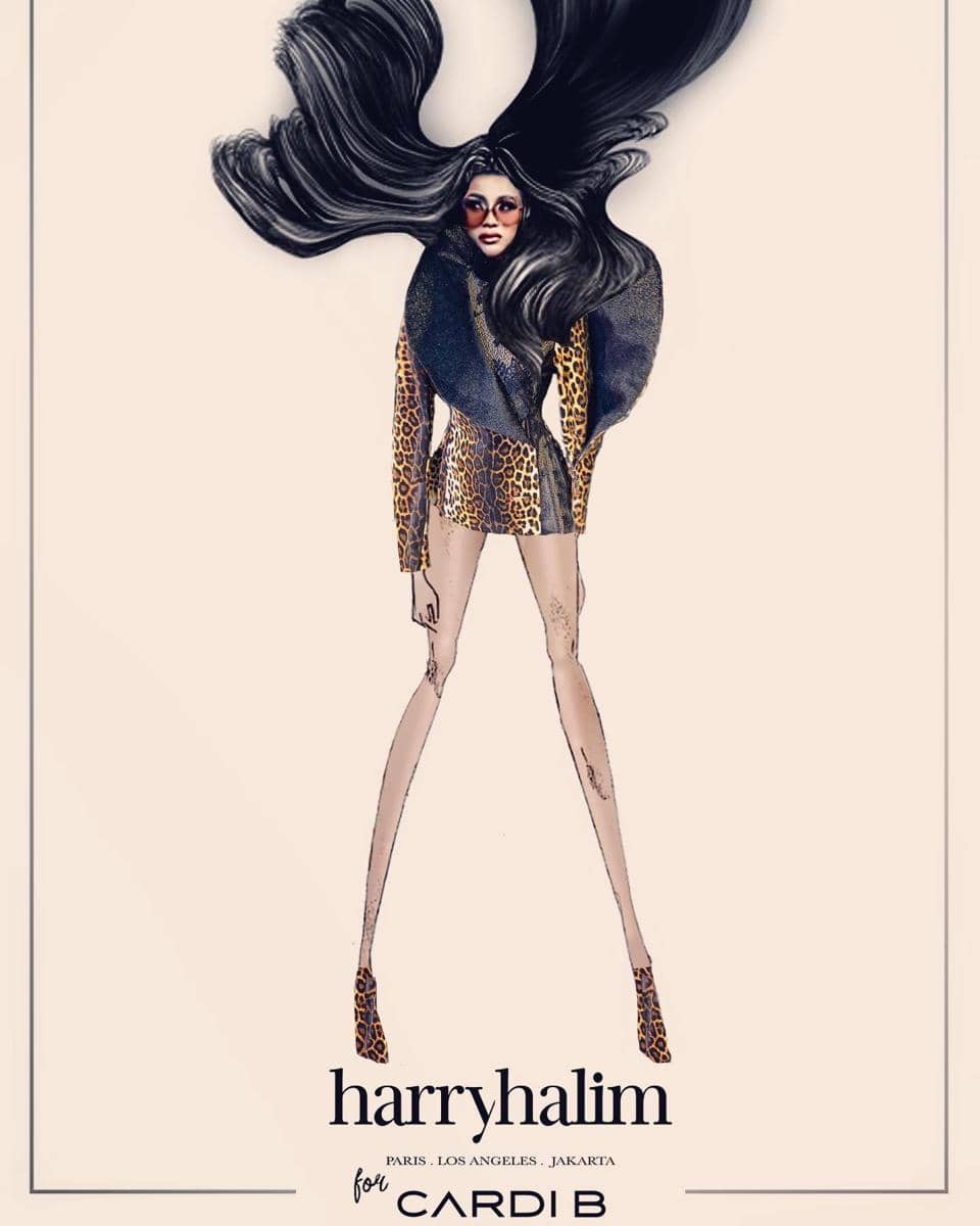 Ilustrasi busana rancangan Harry Halim untuk Cardi B dengan motif leopard, sepatu hak tinggi, dan rambut panjang bergelombang.
