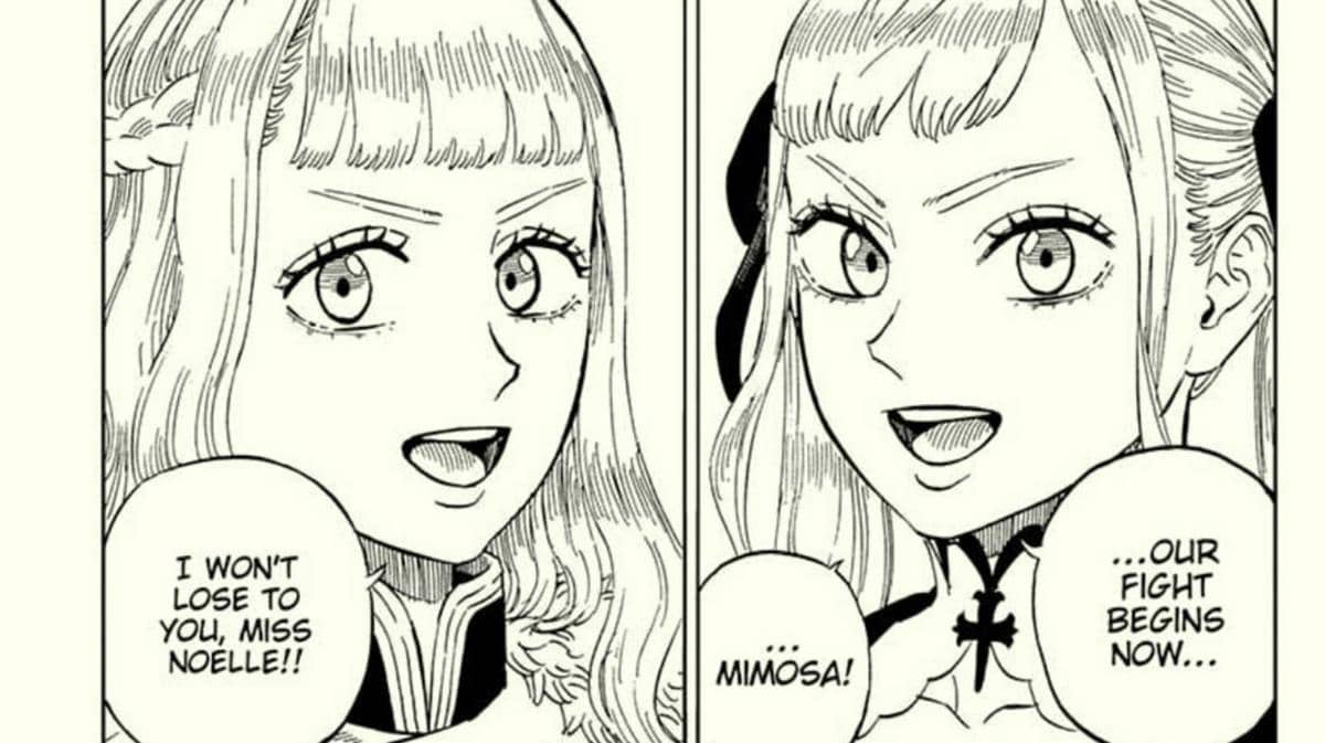 Dua karakter perempuan dari manga Black Clover saling berhadapan dengan ekspresi percaya diri dan dialog penuh semangat.