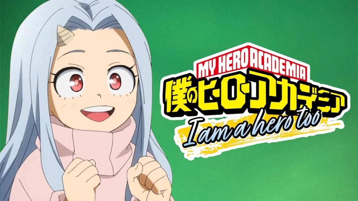 Poster anime My Hero Academia: I Am a Hero Too menampilkan karakter Eri dengan latar hijau cerah.