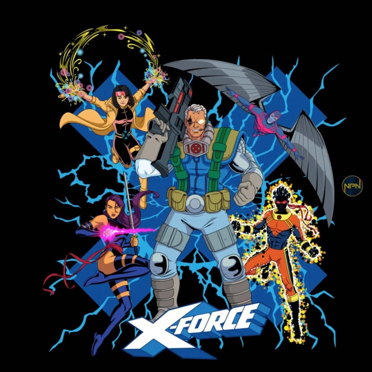 Ilustrasi tim X-Force dari serial animasi X-Men '97 Season 2 dengan lima karakter pahlawan super dalam pose siap bertarung.