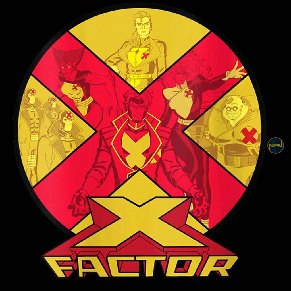 Ilustrasi tim X-Factor dari serial animasi X-Men '97 Season 2 dengan latar simbol X berwarna merah dan kuning.