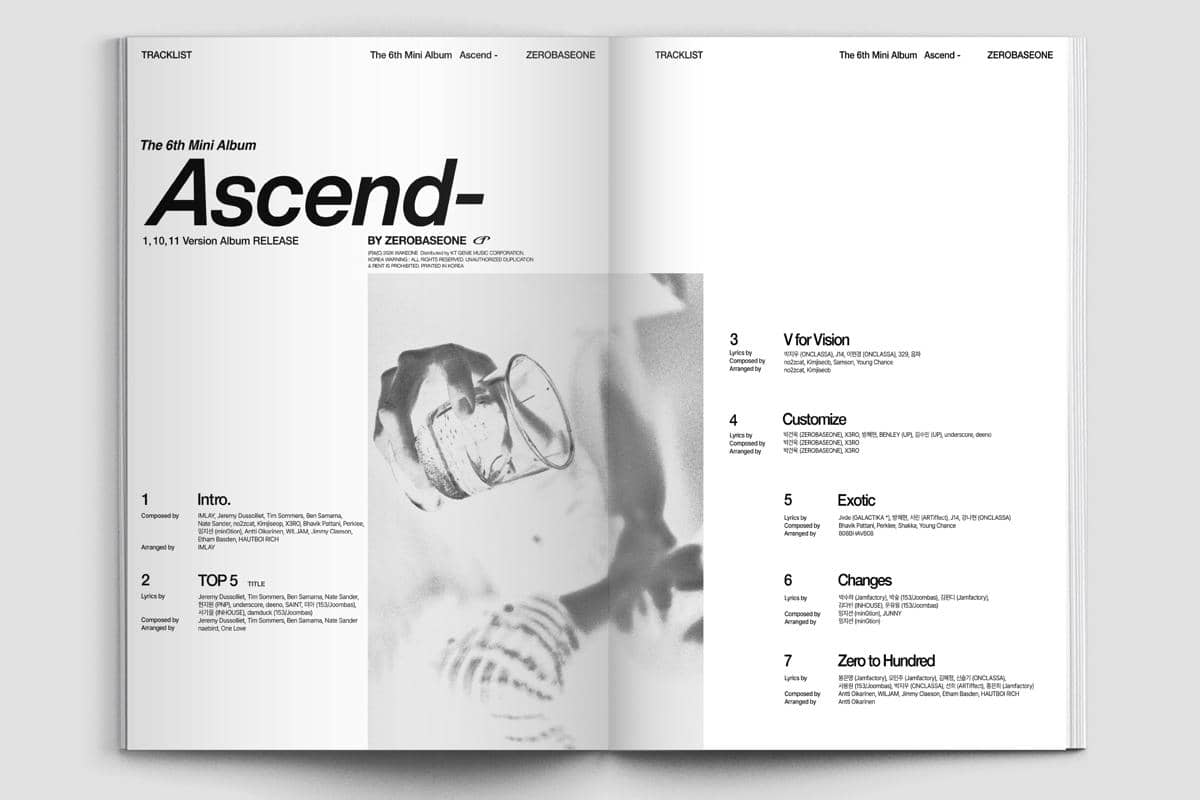 Desain tracklist mini album keenam ZEROBASEONE berjudul Ascend- menampilkan daftar lagu dan kredit produksi dalam tata letak minimalis hitam putih.