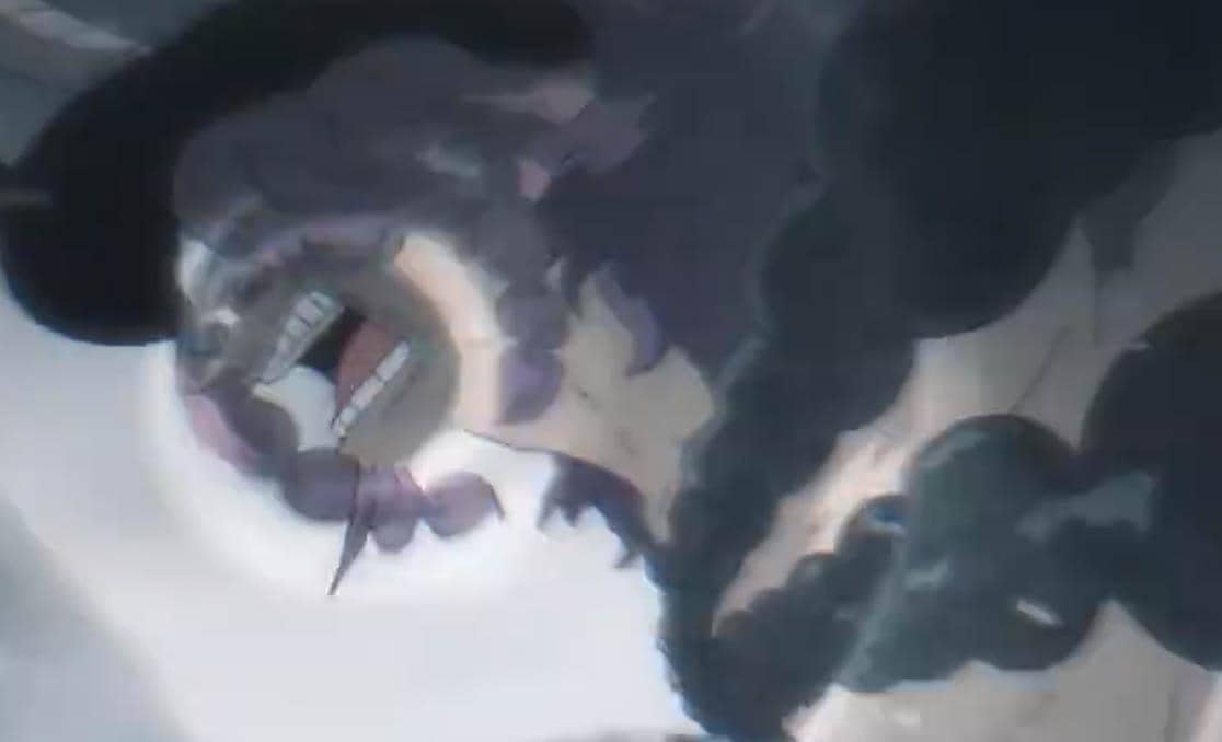 Karakter anime dengan ekspresi marah berteriak keras, dikelilingi asap gelap dan efek energi intens di sekelilingnya.