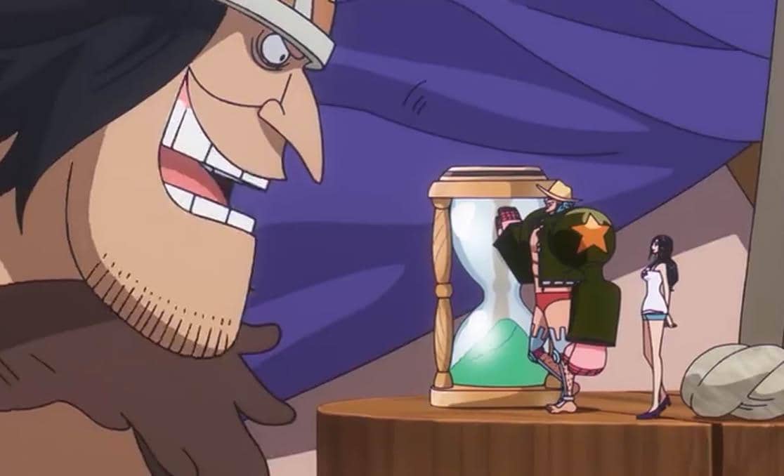 Franky dan Robin berdiri di depan pria besar dengan jam pasir di meja dalam adegan anime One Piece.