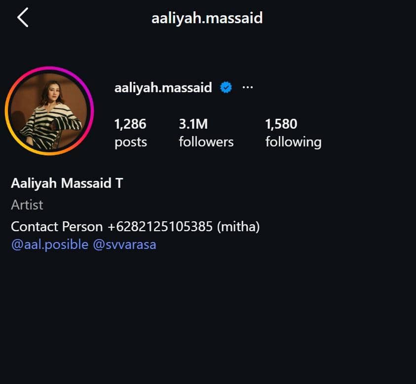 Tangkapan layar profil Instagram Aaliyah Massaid yang menampilkan nama pengguna, jumlah pengikut, dan tambahan huruf T pada nama akun.