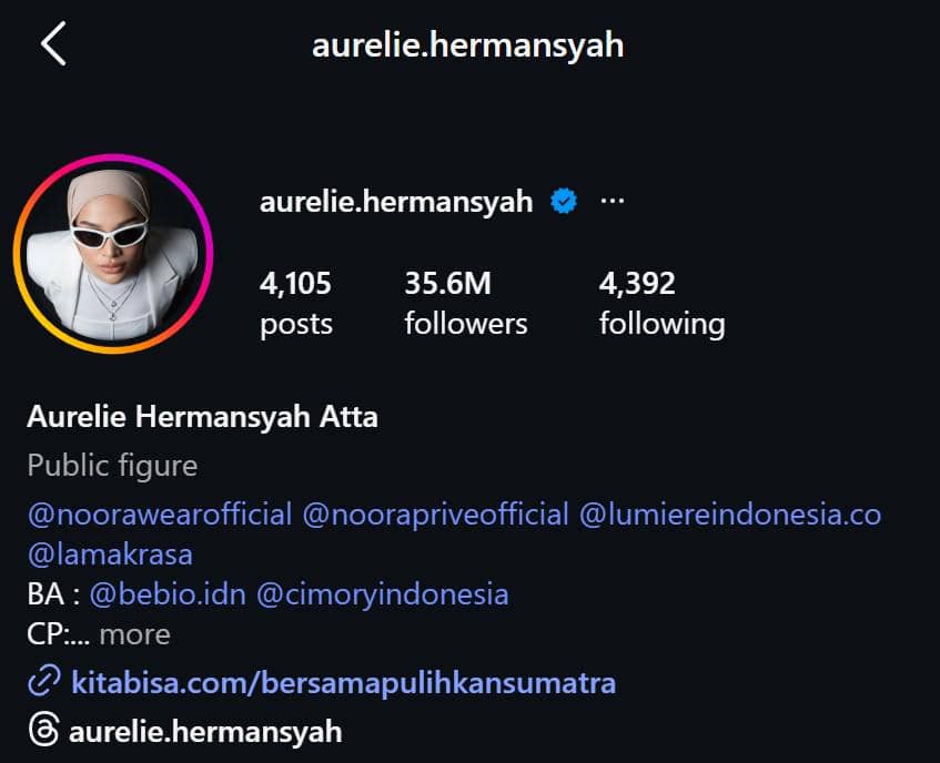Tangkapan layar profil Instagram dengan nama pengguna aurelie.hermansyah yang menampilkan jumlah pengikut, postingan, dan akun yang diikuti.
