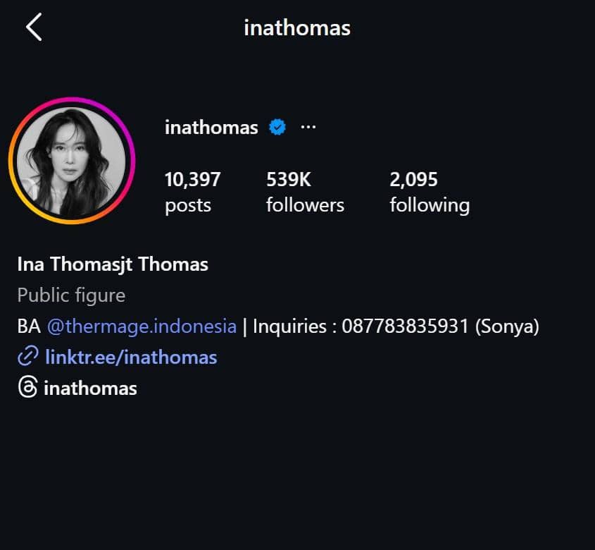 Tangkapan layar profil Instagram dengan nama pengguna inathomas yang menampilkan foto profil wanita dan informasi jumlah pengikut serta tautan bio.