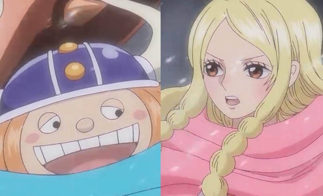 Dua karakter anime One Piece, Gerd dan Goldberg, terlihat berdampingan dengan ekspresi berbeda di latar bersalju.