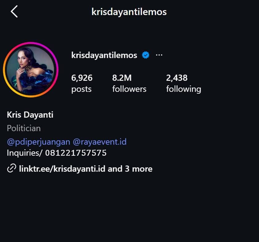 Tangkapan layar profil Instagram dengan nama pengguna krisdayantilemos, menampilkan jumlah pengikut, postingan, dan tautan kontak.