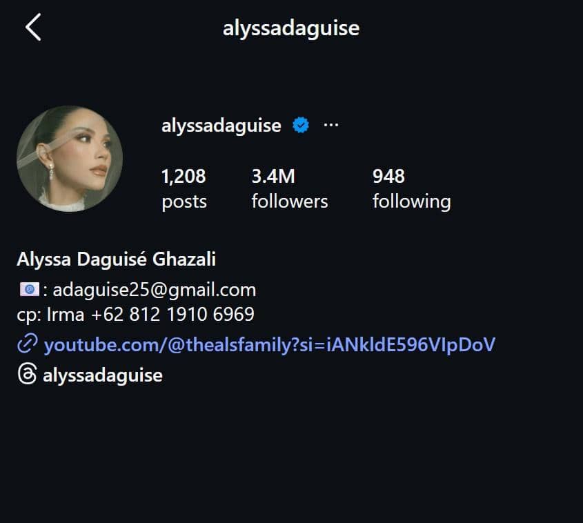 Tangkapan layar profil Instagram alyssadaguise yang menampilkan nama pengguna, jumlah pengikut, serta nama lengkap yang telah diperbarui.