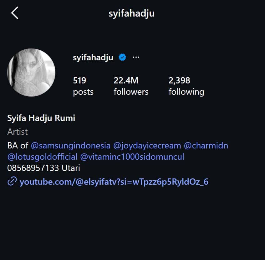 Tangkapan layar profil Instagram seorang artis bernama Syifa Hadju yang kini menambahkan nama belakang Rumi setelah menikah.