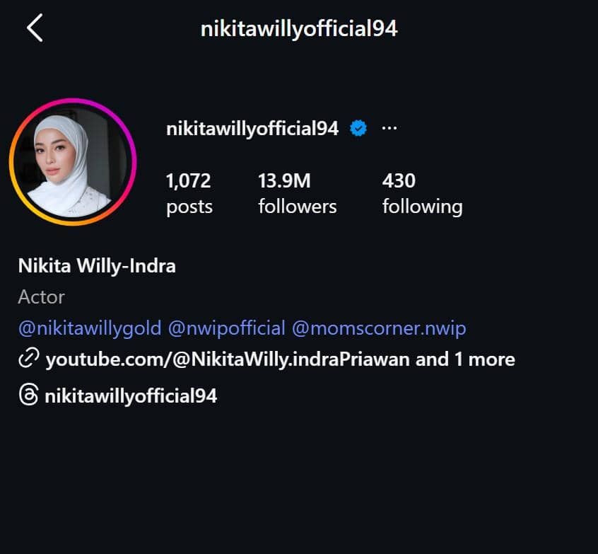 Tangkapan layar profil Instagram dengan nama pengguna nikitawillyofficial94 yang menampilkan foto profil perempuan berhijab putih.