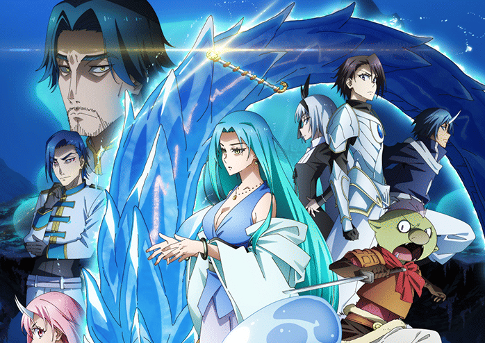 Ilustrasi karakter anime dari film That Time I Got Reincarnated as a Slime the Movie: Tears of the Azure Sea dengan latar naga biru bercahaya.