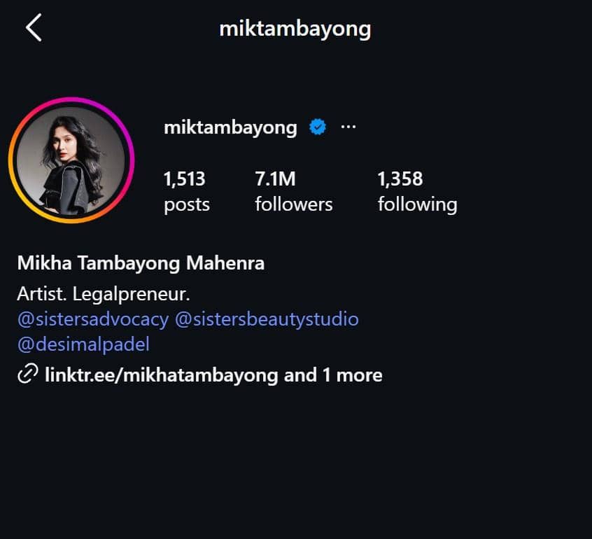 Tangkapan layar profil Instagram dengan nama pengguna miktambayong yang menampilkan nama lengkap Mikha Tambayong Mahenra dan jumlah pengikut 7,1 juta.