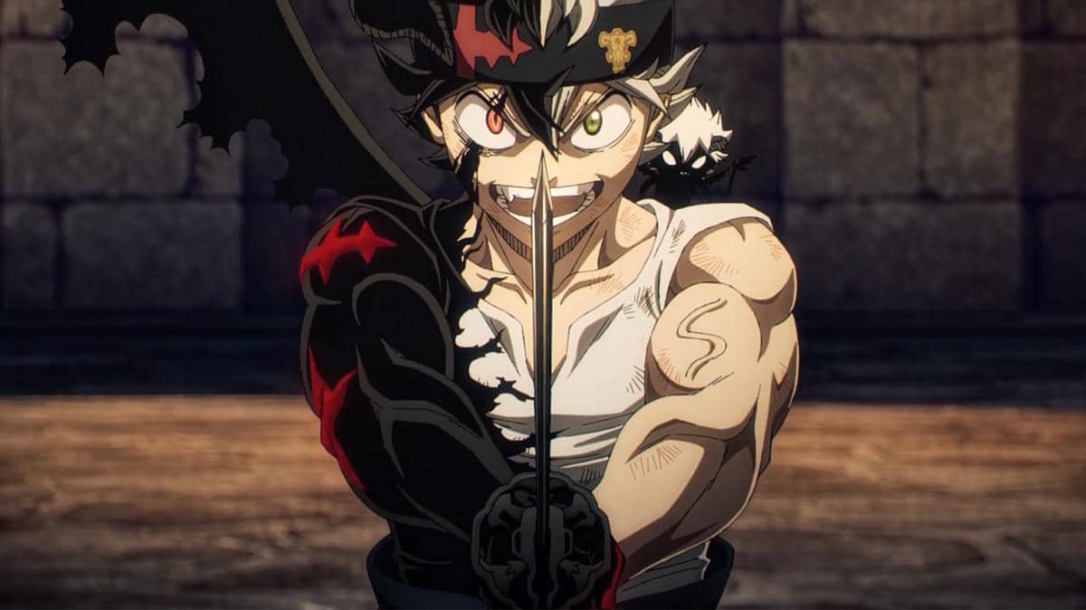 Karakter anime berotot memegang pedang besar dengan ekspresi tegas, menampilkan aura sihir gelap di salah satu lengannya.