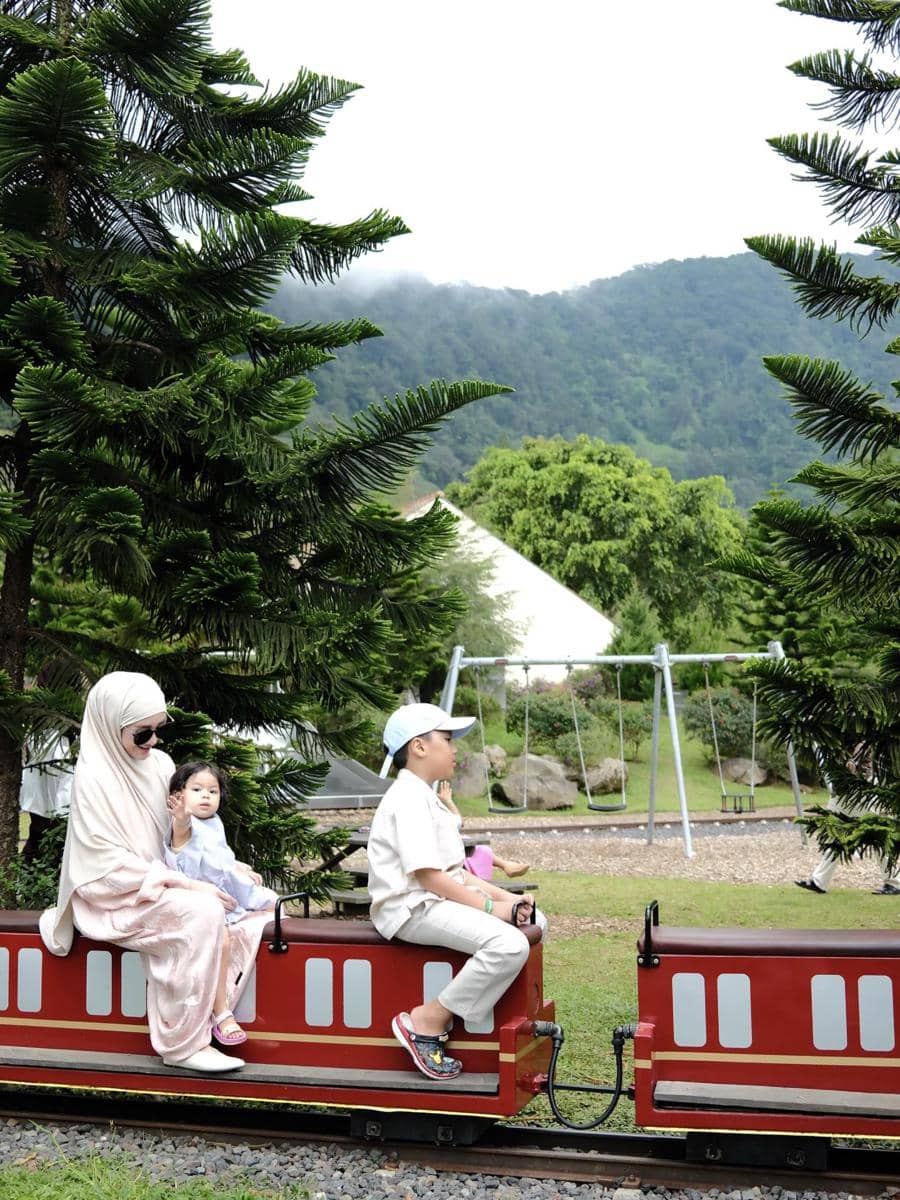 Larissa Chou bersama dua anaknya duduk di atas kereta mini berwarna merah di taman dengan latar pepohonan hijau dan pegunungan.