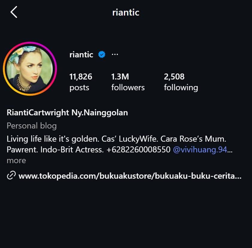 Tangkapan layar profil Instagram dengan nama pengguna riantic yang menampilkan foto profil perempuan dan bio berisi informasi pribadi serta tautan toko daring.