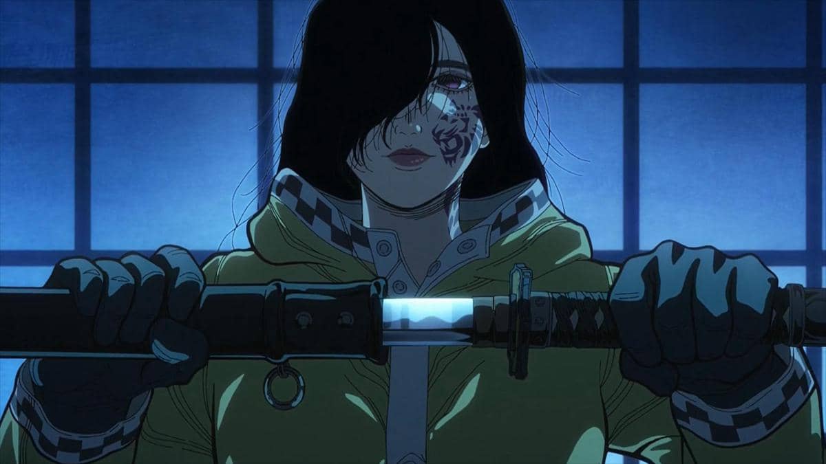 Karakter anime berjaket kuning memegang pedang dengan latar jendela bercahaya biru dalam adegan gelap dari anime Nippon Sangoku.