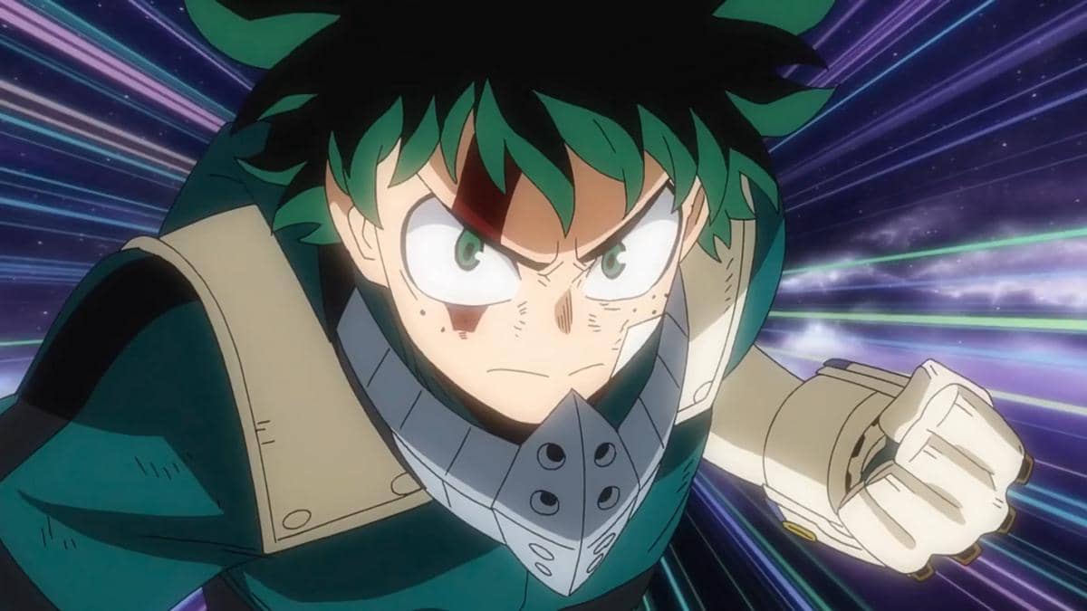 Karakter anime berambut hijau mengenakan kostum pahlawan tampak berlari cepat dengan latar belakang garis cahaya berwarna.