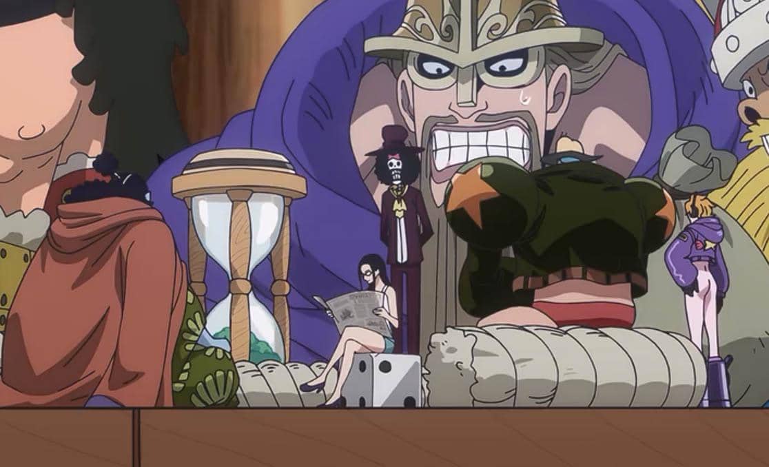 Robin duduk sambil membaca koran di atas meja bersama beberapa karakter One Piece lainnya dengan ekspresi dan pose berbeda.