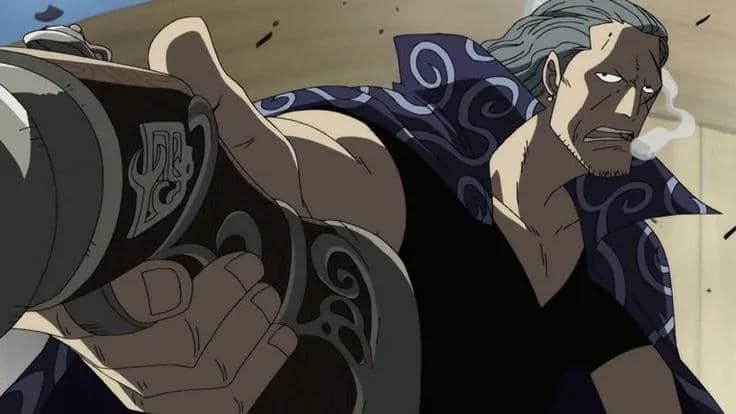 Benn Beckman memegang senapan besar dengan ekspresi serius, mengenakan jubah bermotif ungu dalam adegan anime One Piece.
