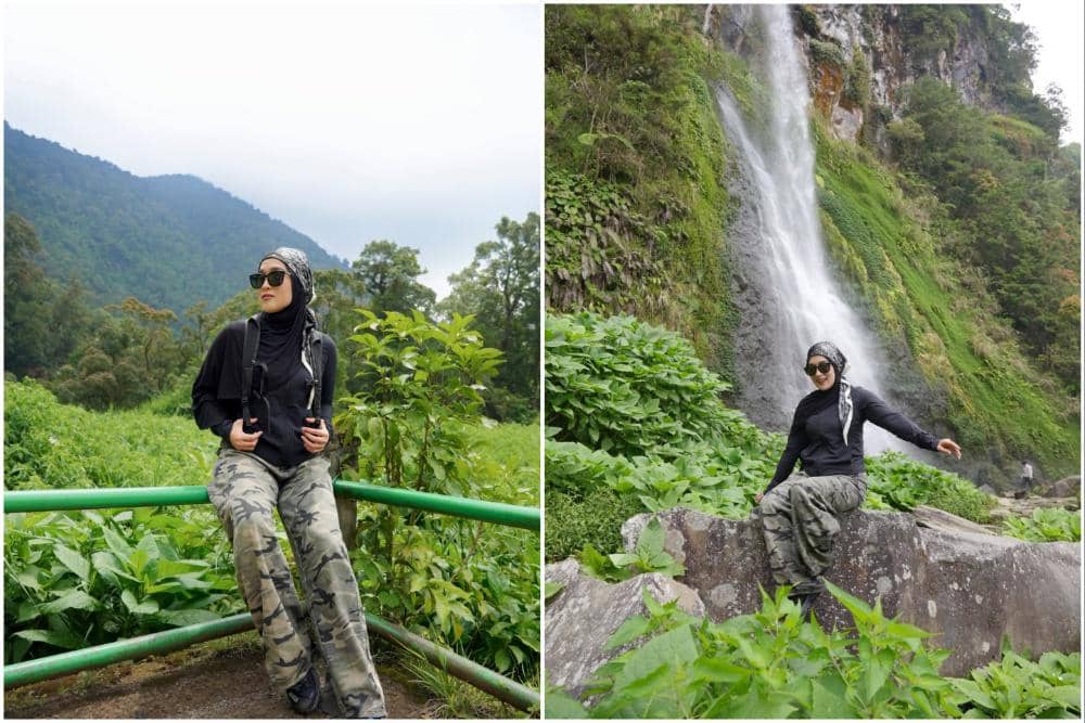 8 Potret Ririe Fairus Tracking ke Curug Cibeureum, Bogor, Segar!