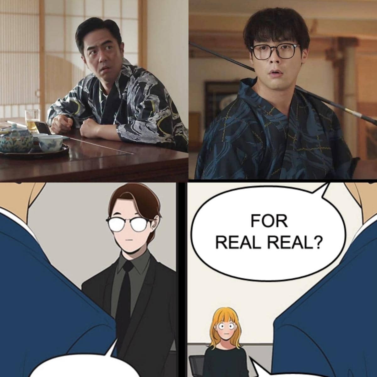 Kolase adegan dari drama Korea Yumi's Cells 3 dan versi webtoonnya, menampilkan dua pria memakai yukata serta karakter animasi berbicara.