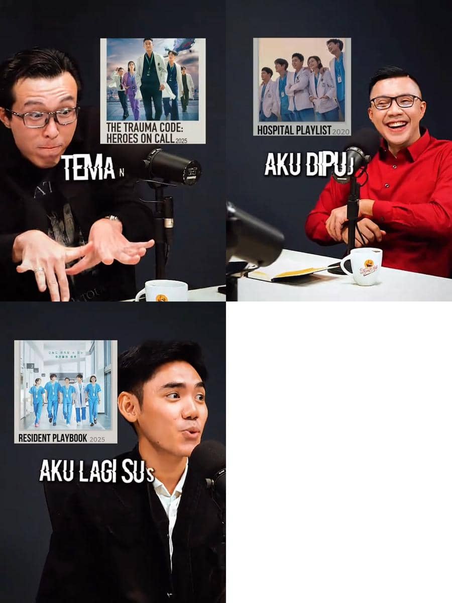 Tiga pria sedang berbincang di studio podcast dengan ekspresi lucu, disertai gambar parodi poster drama medis Korea di latar belakang.