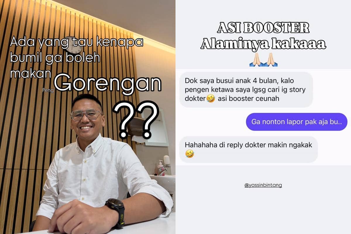 Seorang pria berkacamata tersenyum mengenakan kemeja putih di ruangan berdinding kayu, disertai tangkapan layar percakapan lucu tentang ASI booster alami.