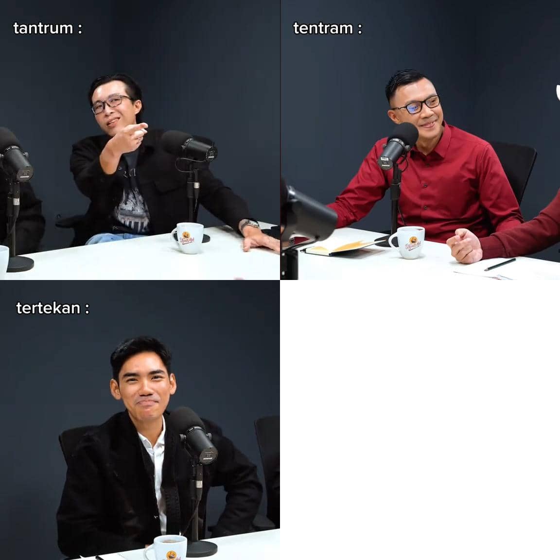 Tiga pria duduk di studio podcast dengan mikrofon dan cangkir kopi di meja, masing-masing menunjukkan ekspresi berbeda sesuai tulisan di gambar.
