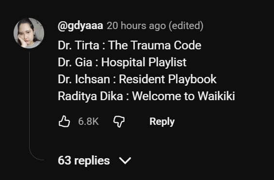 Tangkapan layar komentar YouTube dari pengguna @gdyaaa yang membandingkan beberapa dokter dan tokoh publik dengan judul drama populer.