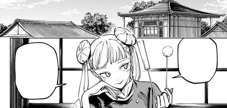 Miyaguni dengan gaya rambut kuncir dua memegang alat musik vibraslap di depan bangunan tradisional Jepang dalam panel manga.