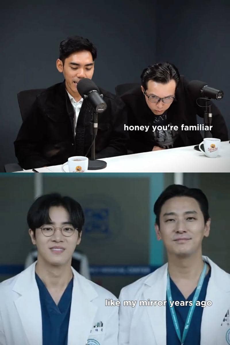 Dua pria berbicara di depan mikrofon di studio podcast dan dua aktor mengenakan jas dokter tersenyum di lokasi syuting.