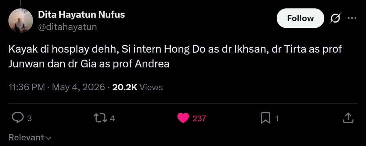 Tangkapan layar unggahan akun X berisi komentar lucu tentang dr. Tirta, dr. Gia, dan dr. Ikhsan yang dibandingkan dengan karakter drama Korea.