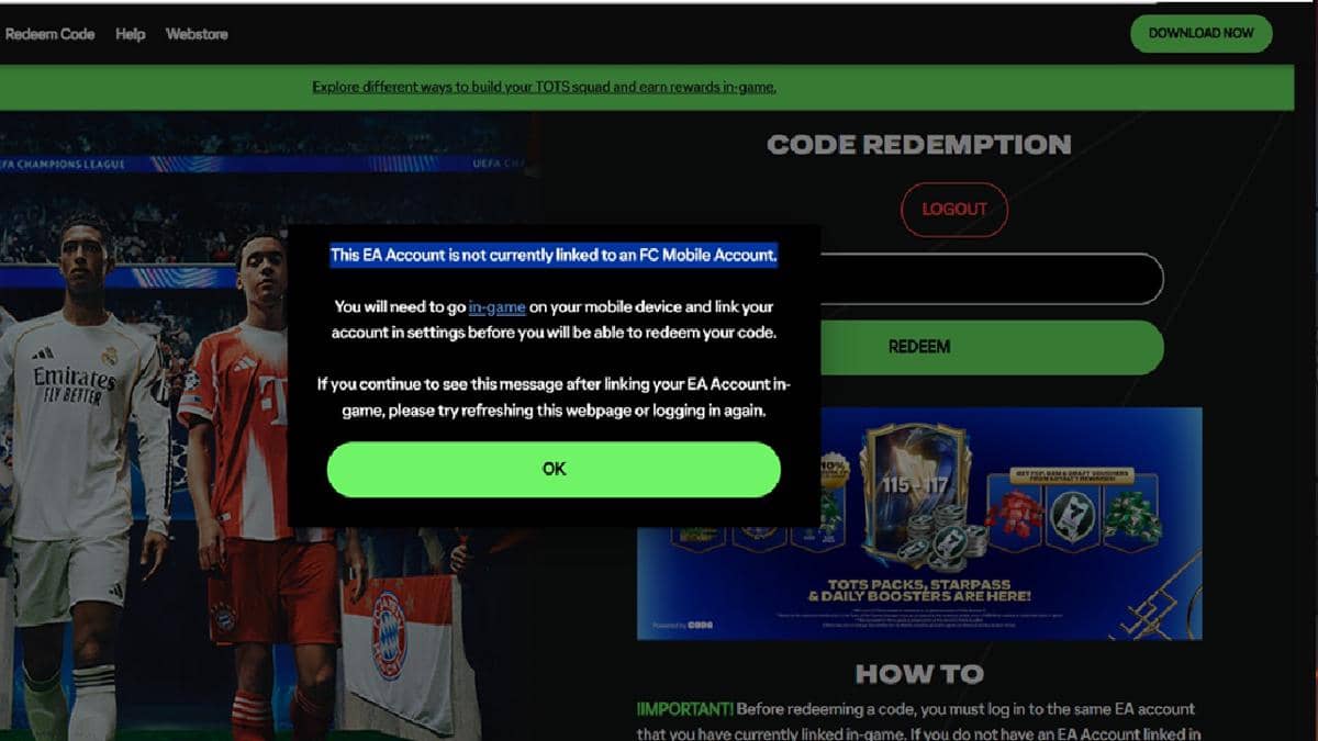 kegagalan redeem karena akun belum tertaut dengan EA Sports FC Mobile