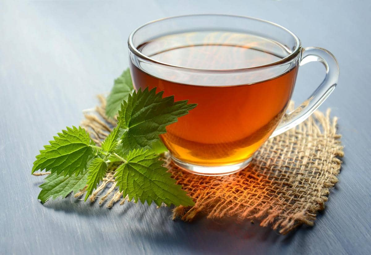 Secangkir teh hijau hangat dalam gelas bening diletakkan di atas alas goni dengan daun hijau segar di sampingnya.