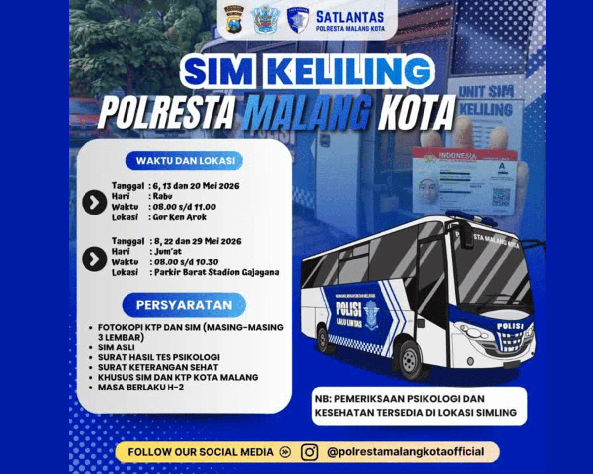 Jadwal SIM Keliling Kota Malang Mei 2026, Cek Hari dan Lokasinya!