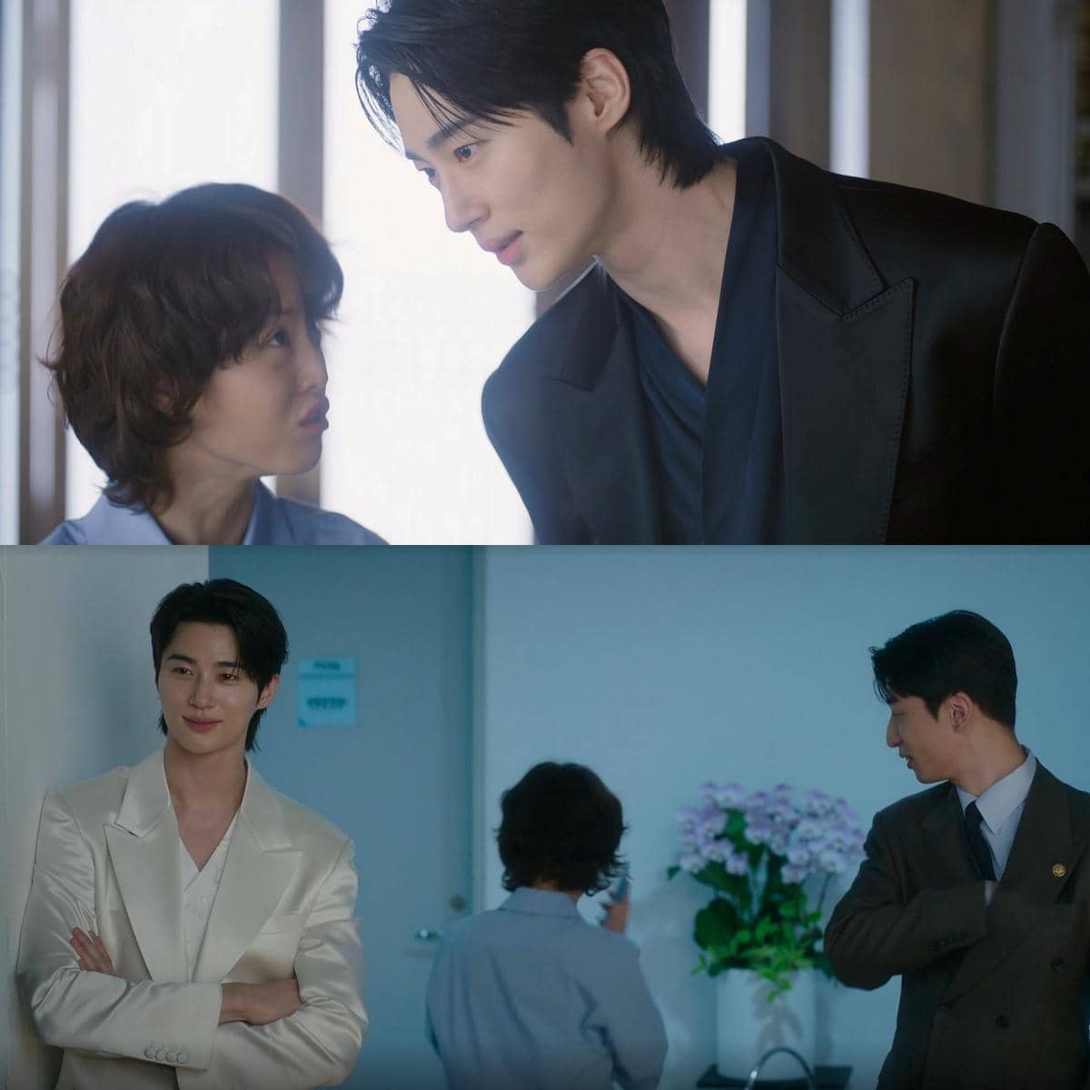 Adegan dari drama Korea Perfect Crown menampilkan beberapa karakter sedang berbicara dan berinteraksi di ruangan kantor yang terang.